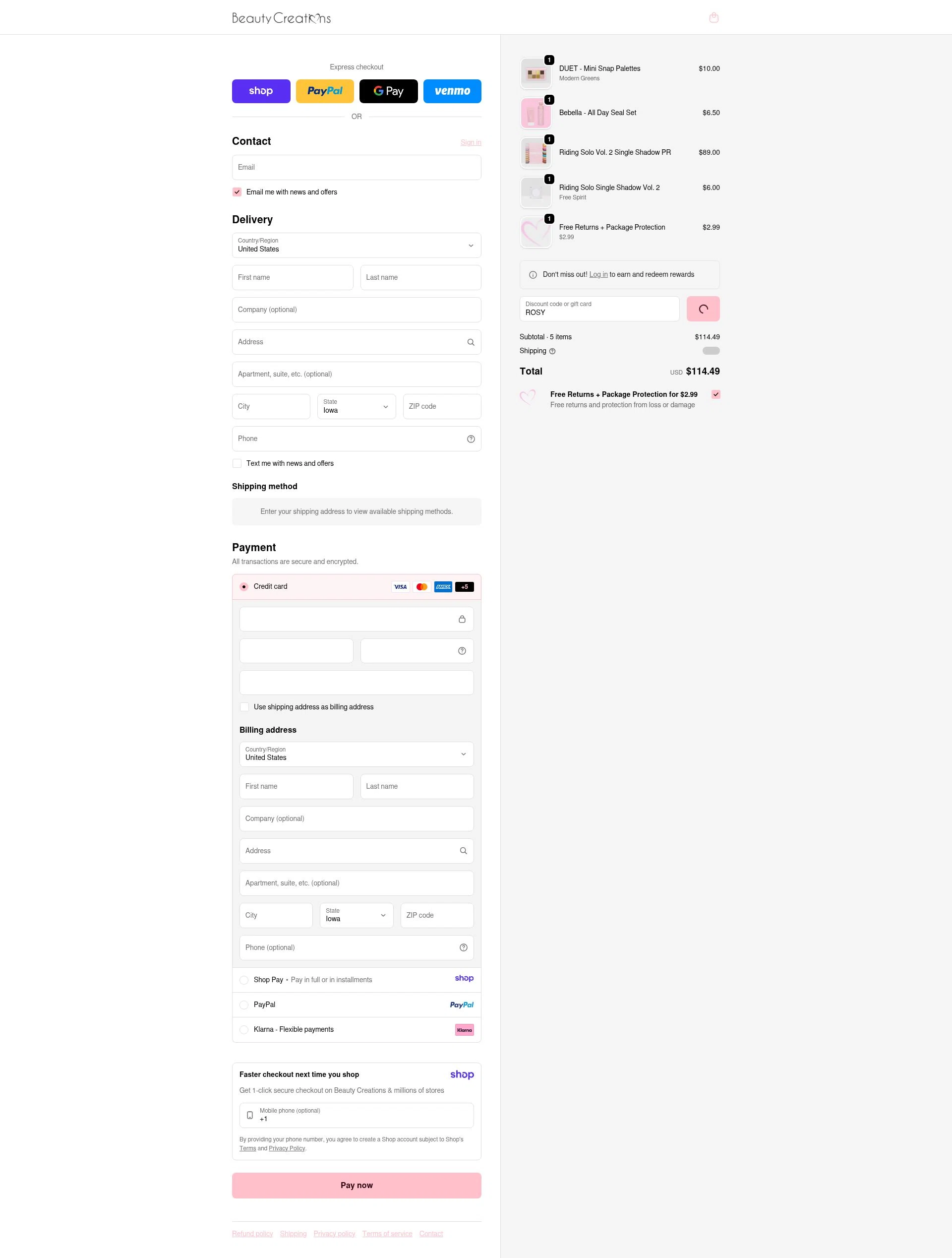 Beauty Creations Cosmetics checkout page showing Beauty Creations Cosmetics promo code box | Screenshot taken by SimplyCodes community member on Jan 8, 2026