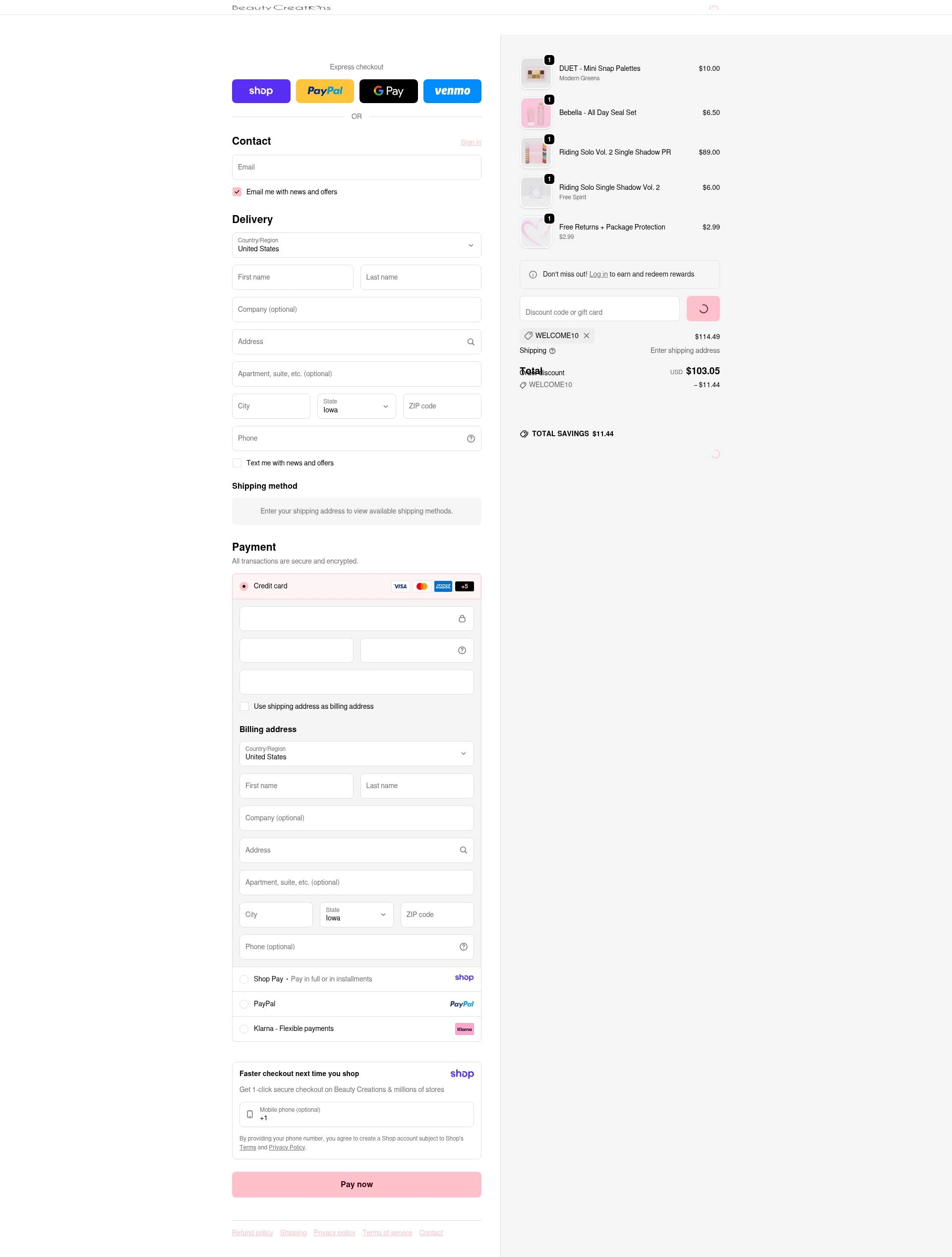 Beauty Creations Cosmetics checkout page showing Beauty Creations Cosmetics promo code box | Screenshot taken by SimplyCodes community member on Jan 8, 2026
