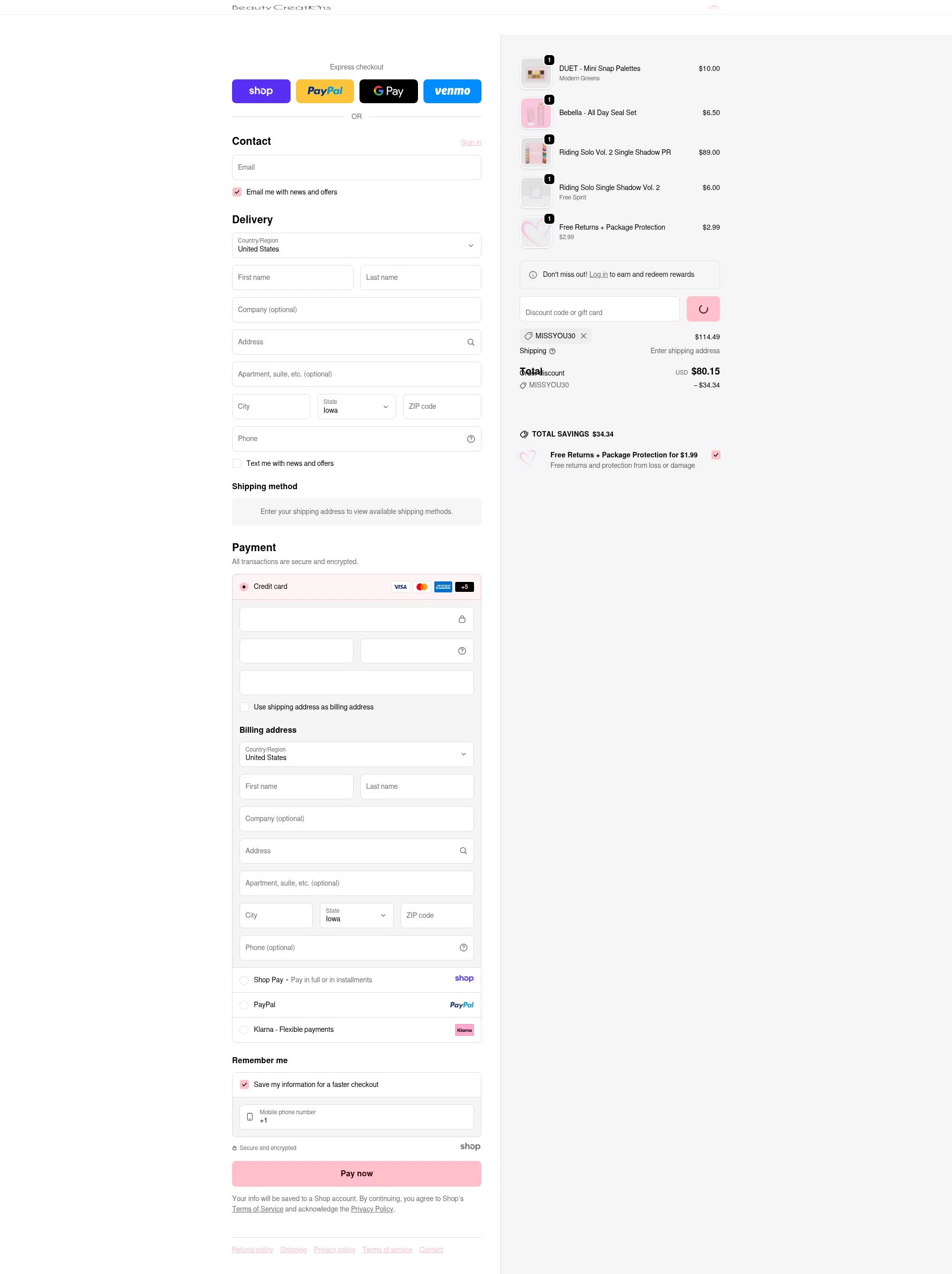 Beauty Creations Cosmetics checkout page showing Beauty Creations Cosmetics promo code box | Screenshot taken by SimplyCodes community member on Jan 2, 2026