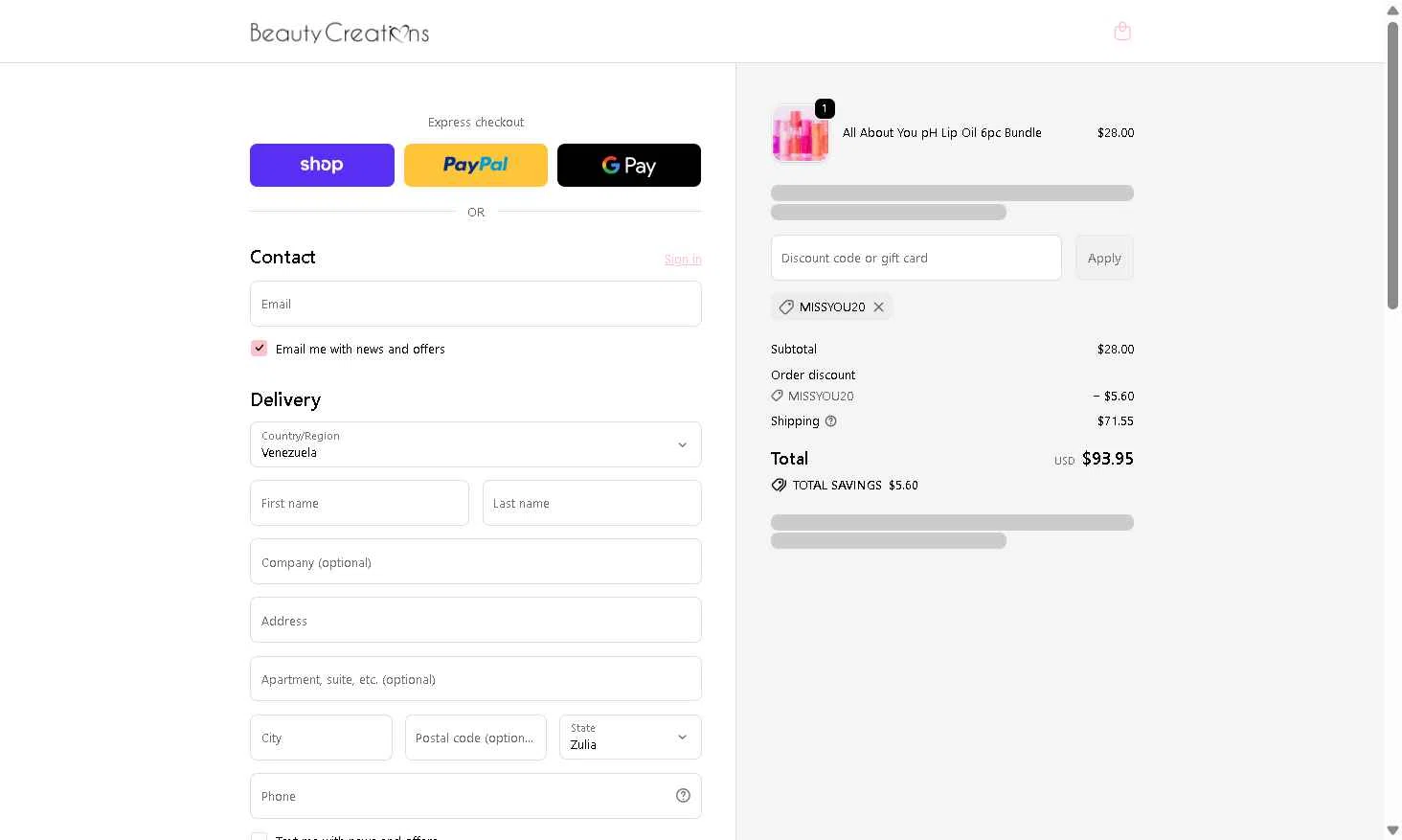 Beauty Creations Cosmetics checkout page showing Beauty Creations Cosmetics promo code box | Screenshot taken by SimplyCodes community member on Jan 3, 2026