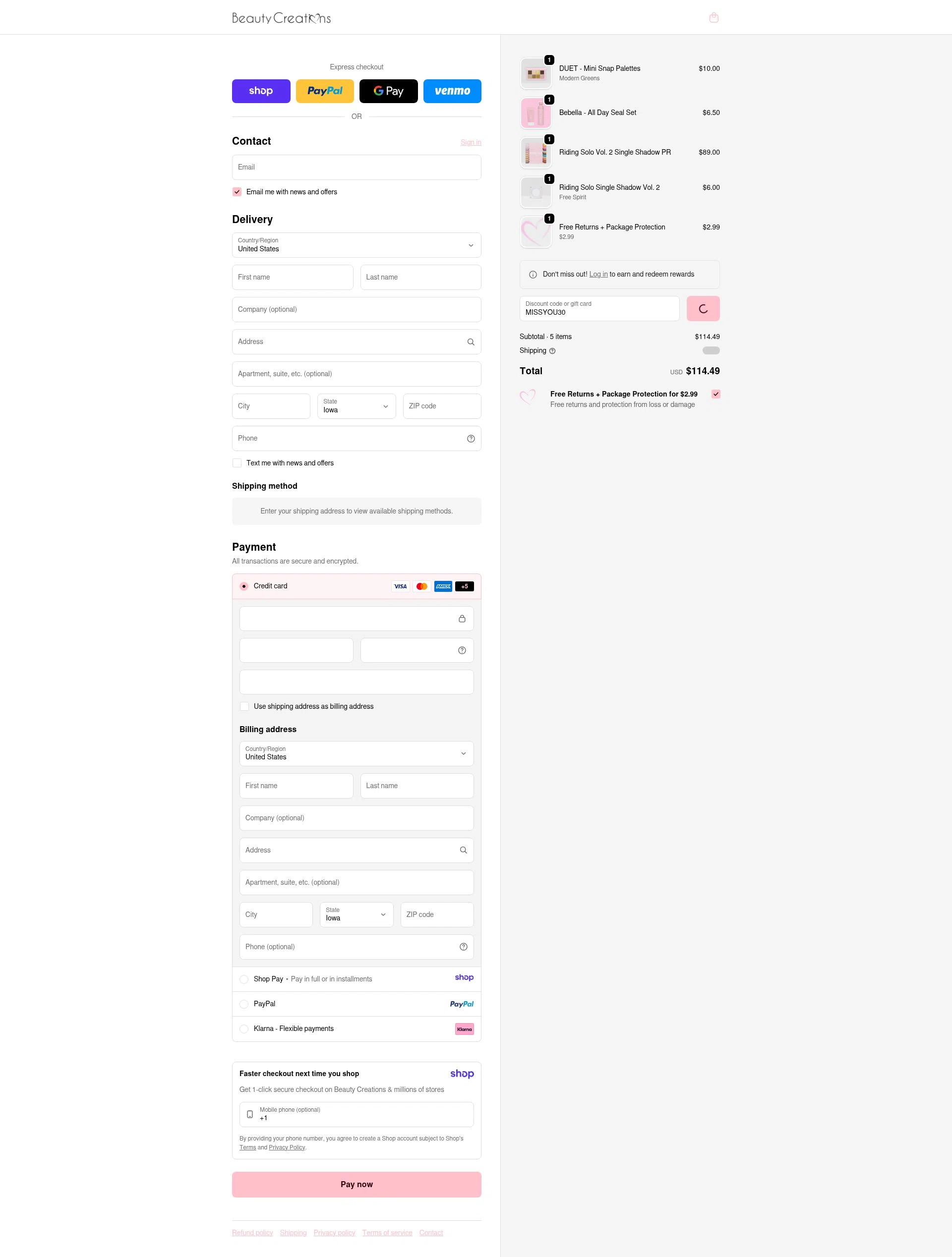 Beauty Creations Cosmetics checkout page showing Beauty Creations Cosmetics promo code box | Screenshot taken by SimplyCodes community member on Jan 8, 2026