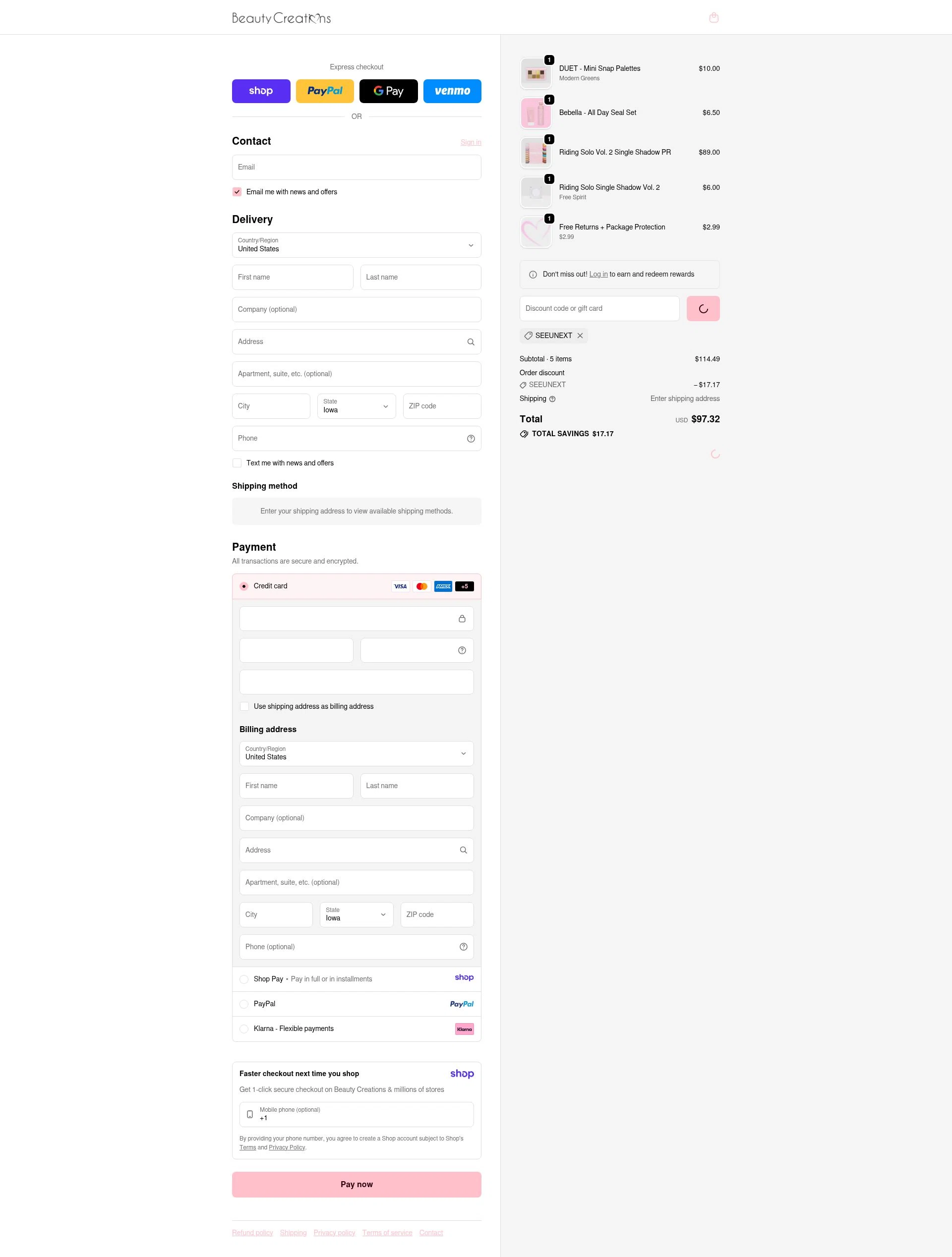 Beauty Creations Cosmetics checkout page showing Beauty Creations Cosmetics promo code box | Screenshot taken by SimplyCodes community member on Jan 8, 2026