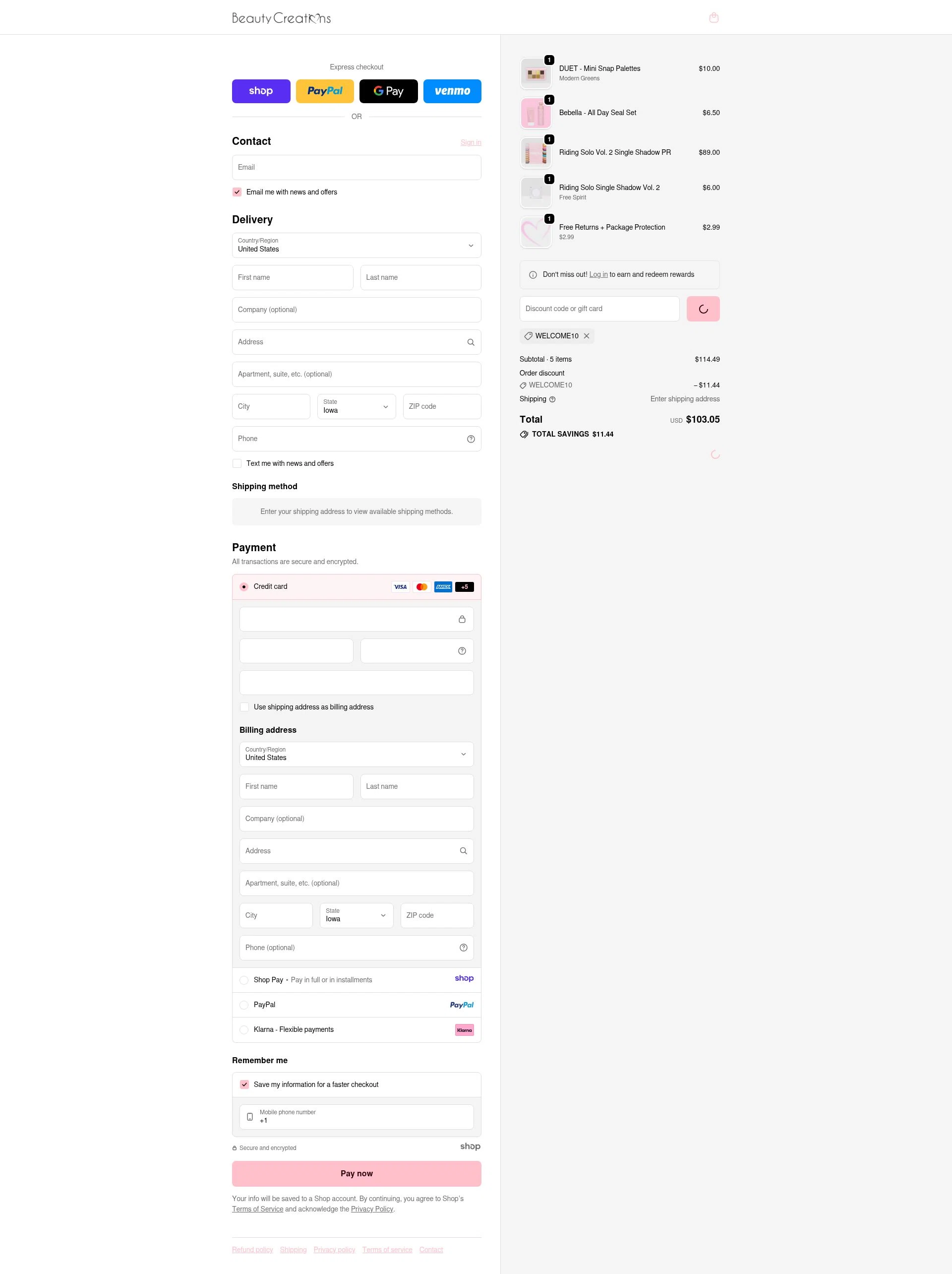 Beauty Creations Cosmetics checkout page showing Beauty Creations Cosmetics promo code box | Screenshot taken by SimplyCodes community member on Jan 2, 2026