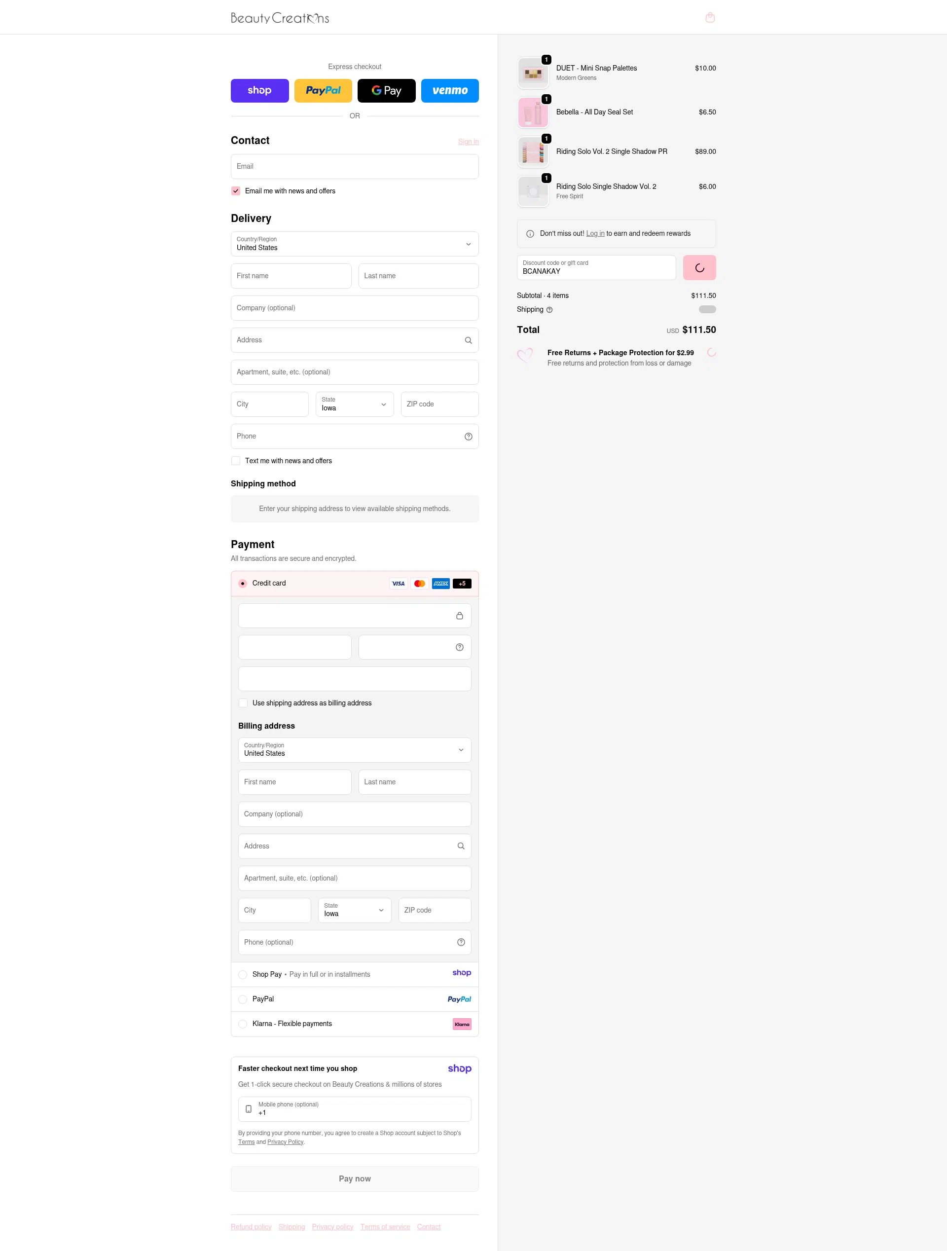 Beauty Creations Cosmetics checkout page showing Beauty Creations Cosmetics promo code box | Screenshot taken by SimplyCodes community member on Jan 8, 2026