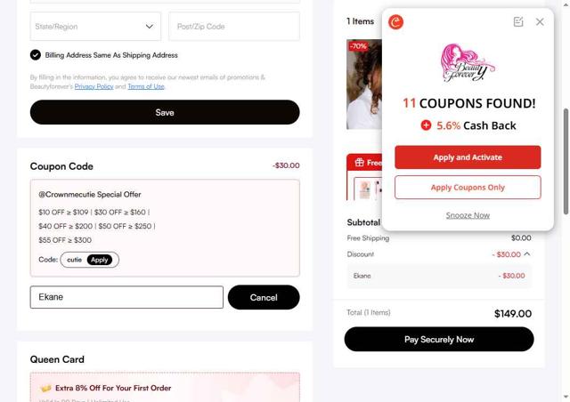 Beauty Forever Hair checkout page showing Beauty Forever Hair discount code box | Screenshot taken by SimplyCodes community member on Sep 12, 2025