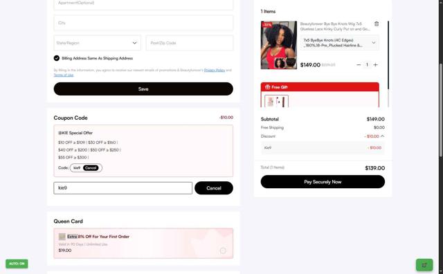 Beauty Forever Hair checkout page showing Beauty Forever Hair discount code box | Screenshot taken by SimplyCodes community member on Sep 12, 2025