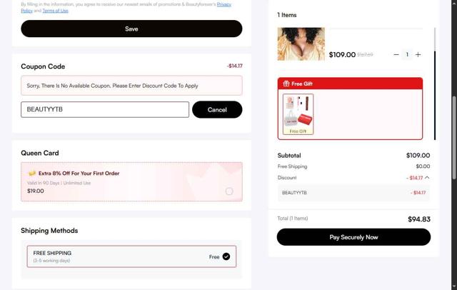 Beauty Forever Hair checkout page showing Beauty Forever Hair discount code box | Screenshot taken by SimplyCodes community member on Sep 12, 2025