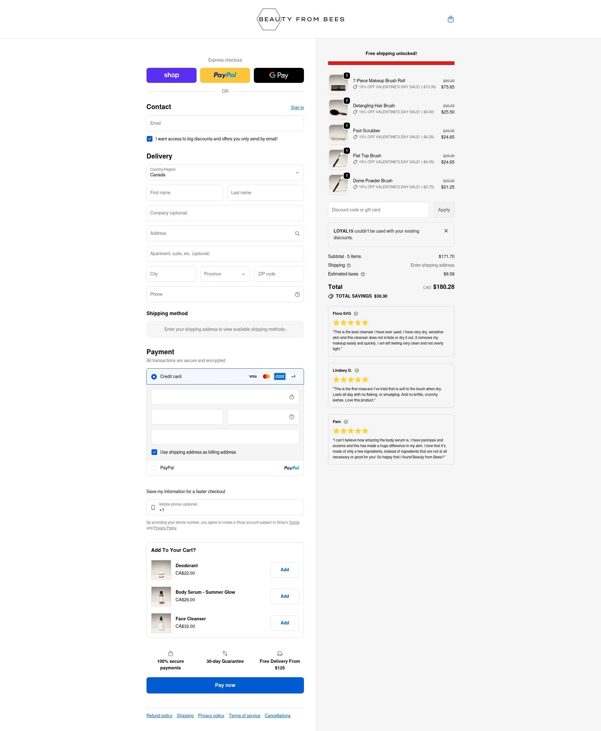 Beauty From Bees US checkout page showing Beauty From Bees US promo code box | Screenshot taken by SimplyCodes community member on Feb 15, 2026