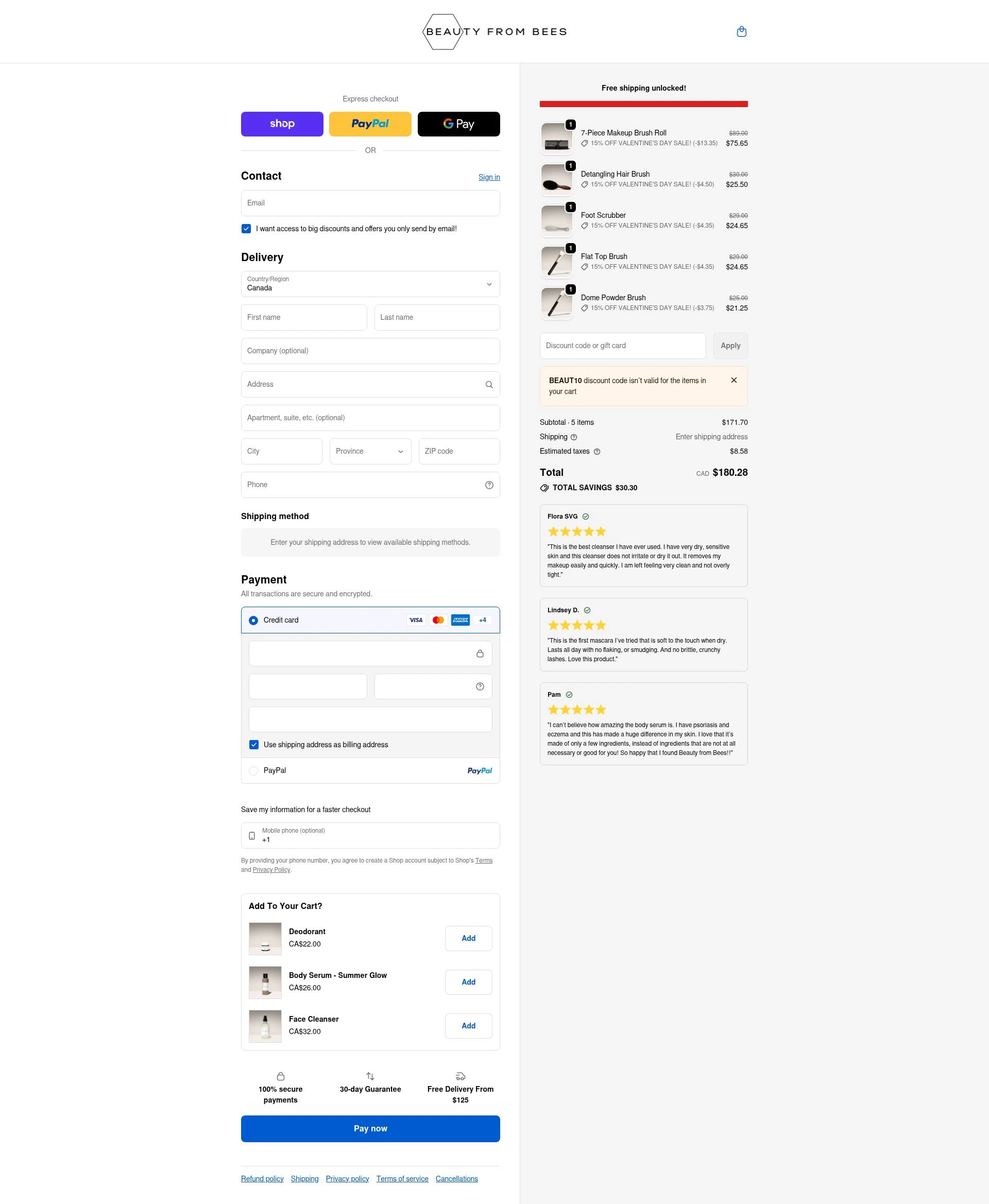 Beauty From Bees US checkout page showing Beauty From Bees US promo code box | Screenshot taken by SimplyCodes community member on Feb 15, 2026
