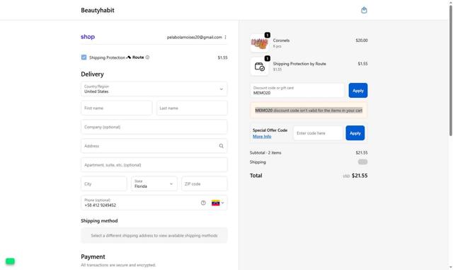 Beautyhabit checkout page showing Beautyhabit discount code box | Screenshot taken by SimplyCodes community member on Sep 23, 2025
