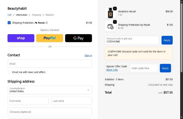 Beautyhabit checkout page showing Beautyhabit discount code box | Screenshot taken by SimplyCodes community member on Sep 26, 2025