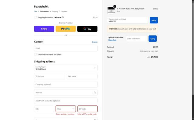 Beautyhabit checkout page showing Beautyhabit discount code box | Screenshot taken by SimplyCodes community member on Sep 23, 2025