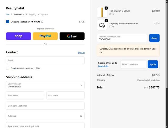 Beautyhabit checkout page showing Beautyhabit discount code box | Screenshot taken by SimplyCodes community member on Sep 26, 2025