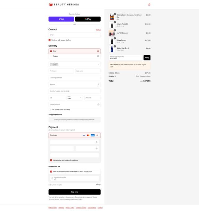 Beauty Heroes checkout page showing Beauty Heroes coupon code box | Screenshot taken by SimplyCodes community member on Sep 15, 2025