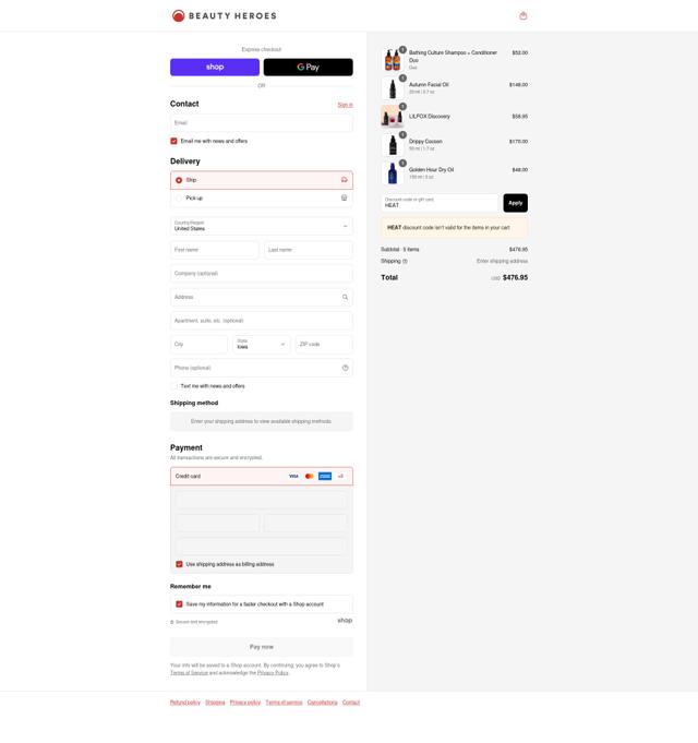 Beauty Heroes checkout page showing Beauty Heroes coupon code box | Screenshot taken by SimplyCodes community member on Sep 15, 2025