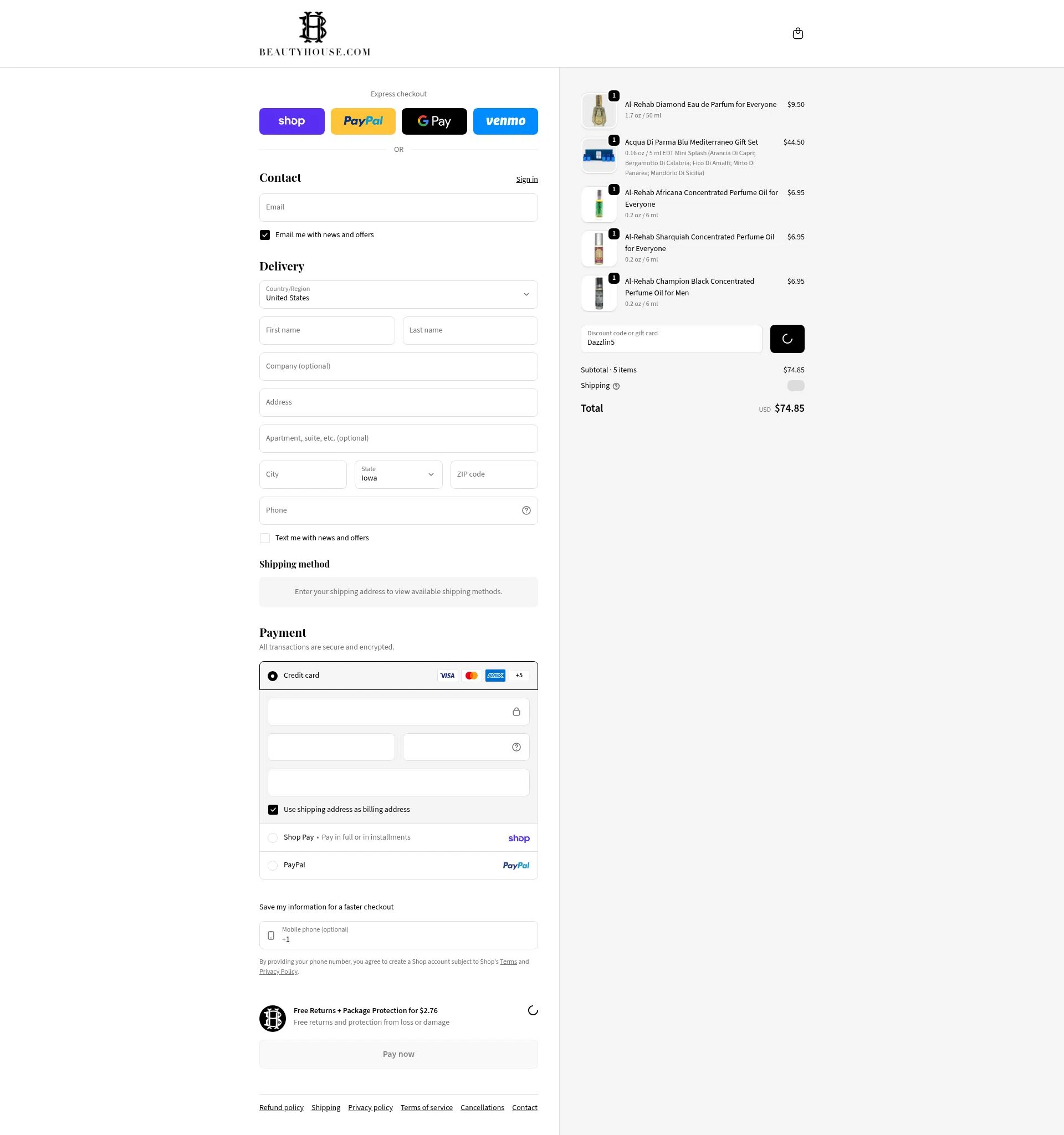 Beauty House checkout page showing Beauty House discount code box | Screenshot taken by SimplyCodes community member on Feb 12, 2026