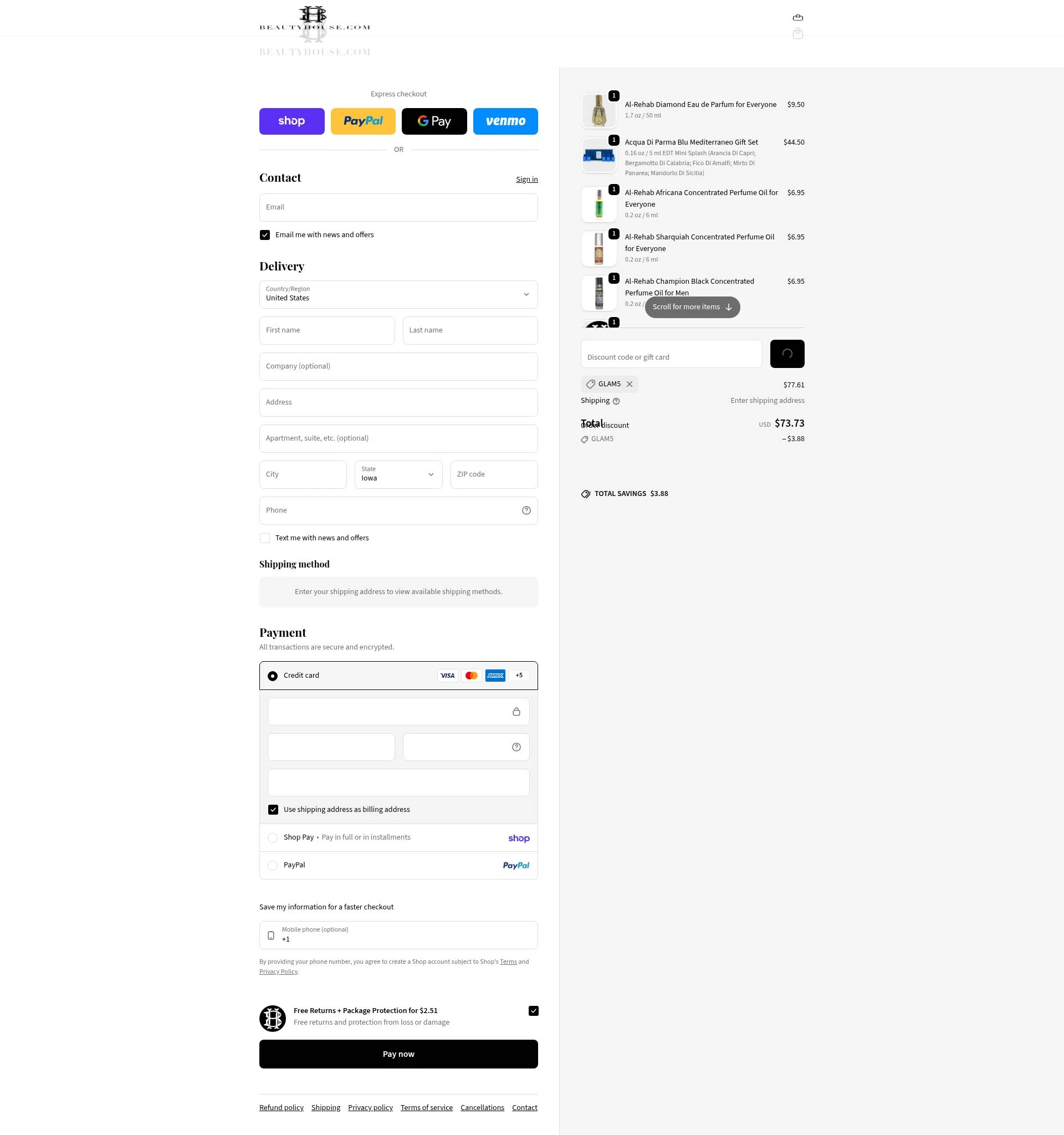 Beauty House checkout page showing Beauty House discount code box | Screenshot taken by SimplyCodes community member on Feb 10, 2026