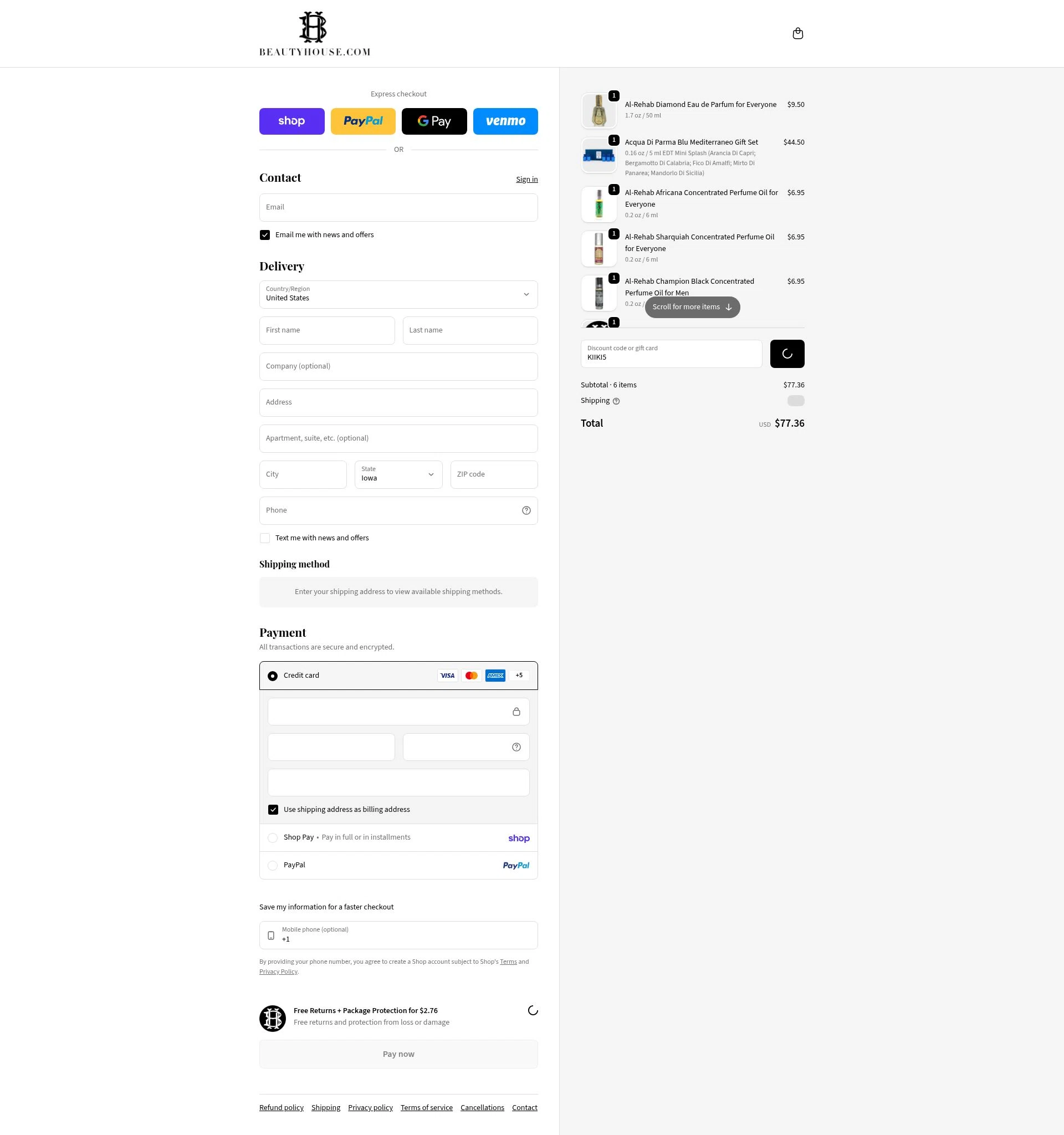 Beauty House checkout page showing Beauty House discount code box | Screenshot taken by SimplyCodes community member on Feb 10, 2026