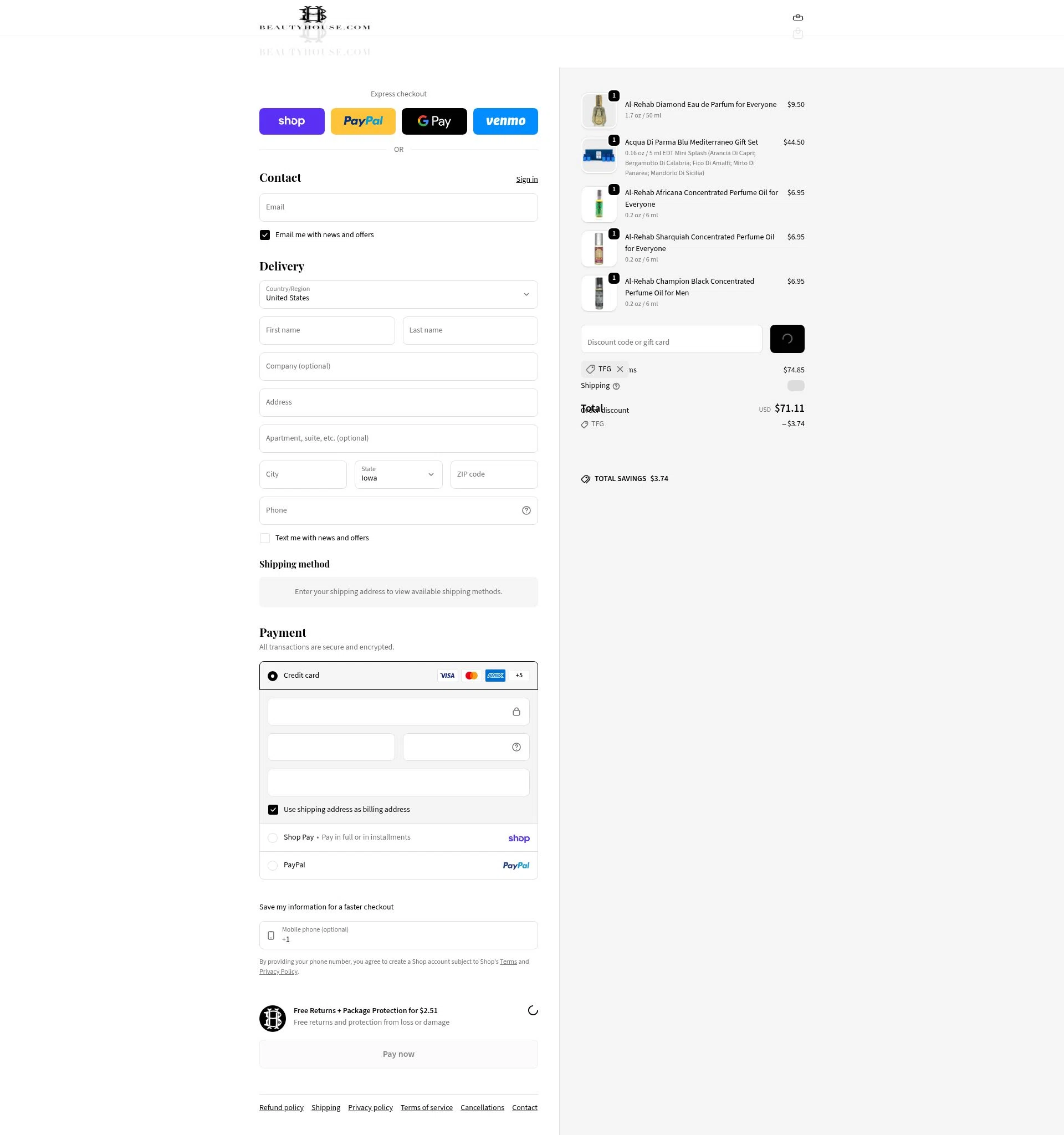 Beauty House checkout page showing Beauty House discount code box | Screenshot taken by SimplyCodes community member on Feb 10, 2026
