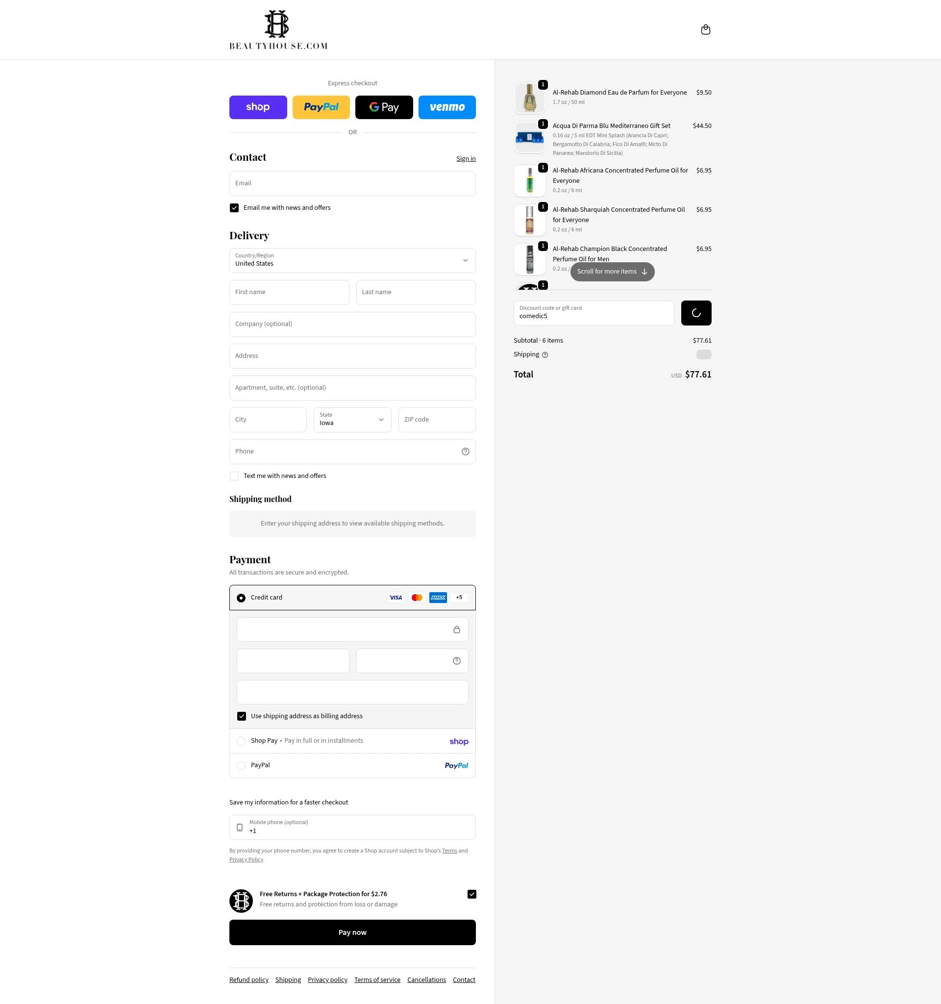 Beauty House checkout page showing Beauty House discount code box | Screenshot taken by SimplyCodes community member on Feb 10, 2026