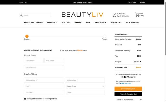 BeautyLIV.com checkout page showing BeautyLIV.com discount code box | Screenshot taken by SimplyCodes community member on Aug 13, 2025