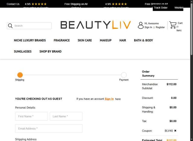 BeautyLIV.com checkout page showing BeautyLIV.com discount code box | Screenshot taken by SimplyCodes community member on Sep 9, 2025