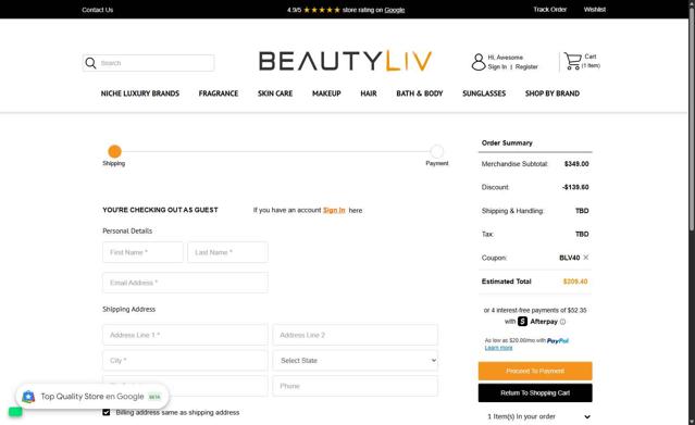 BeautyLIV.com checkout page showing BeautyLIV.com discount code box | Screenshot taken by SimplyCodes community member on Jul 24, 2025