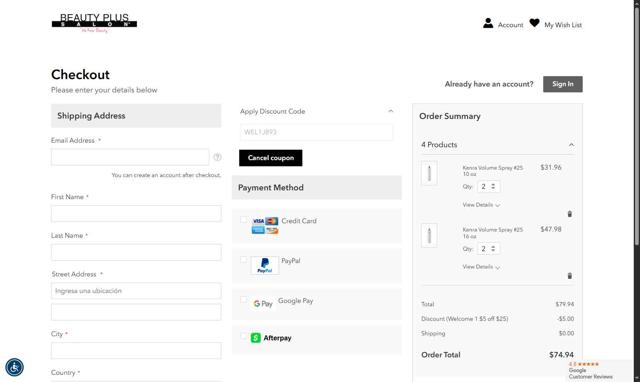 Beauty Plus Salon checkout page showing Beauty Plus Salon discount code box | Screenshot taken by SimplyCodes community member on Aug 29, 2025
