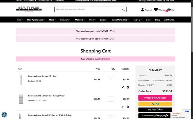 Beauty Plus Salon checkout page showing Beauty Plus Salon discount code box | Screenshot taken by SimplyCodes community member on Sep 5, 2025