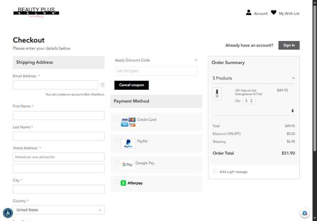 Beauty Plus Salon checkout page showing Beauty Plus Salon discount code box | Screenshot taken by SimplyCodes community member on Sep 5, 2025