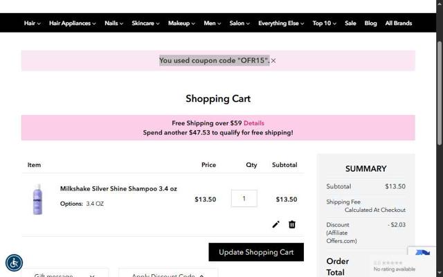 Beauty Plus Salon checkout page showing Beauty Plus Salon discount code box | Screenshot taken by SimplyCodes community member on Aug 22, 2025