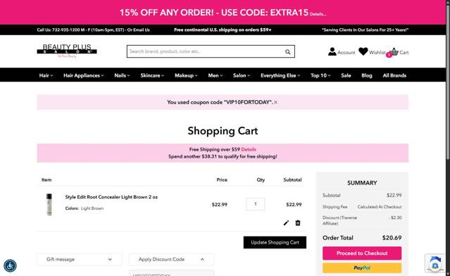 Beauty Plus Salon checkout page showing Beauty Plus Salon discount code box | Screenshot taken by SimplyCodes community member on Aug 29, 2025