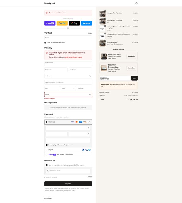 Beautyrest checkout page showing Beautyrest discount code box | Screenshot taken by SimplyCodes community member on Aug 11, 2025