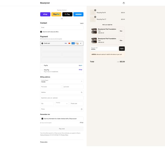 Beautyrest checkout page showing Beautyrest discount code box | Screenshot taken by SimplyCodes community member on Aug 28, 2025