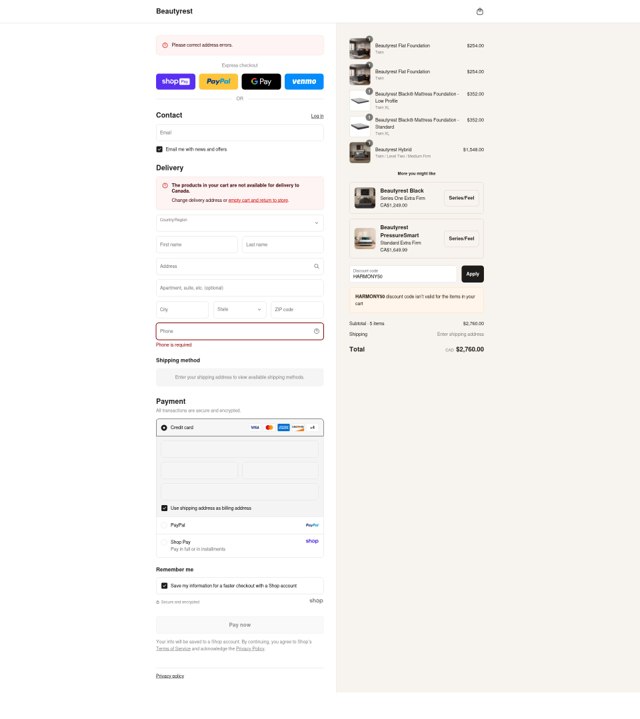 Beautyrest checkout page showing Beautyrest discount code box | Screenshot taken by SimplyCodes community member on Aug 20, 2025