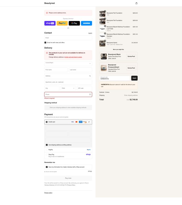 Beautyrest checkout page showing Beautyrest discount code box | Screenshot taken by SimplyCodes community member on Aug 15, 2025