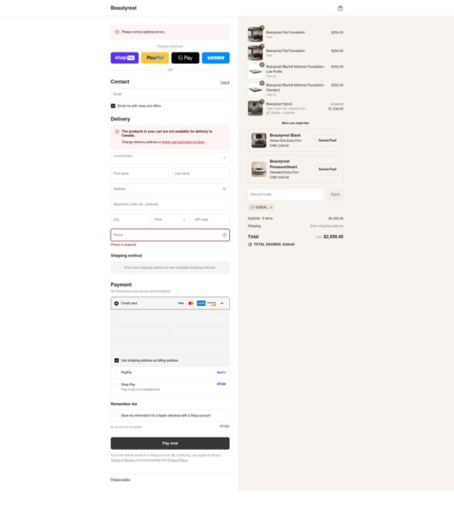 Beautyrest checkout page showing Beautyrest discount code box | Screenshot taken by SimplyCodes community member on Aug 20, 2025