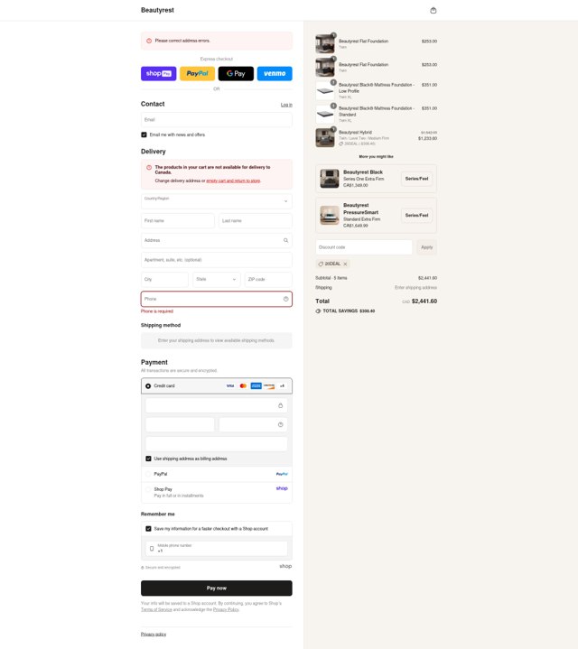 Beautyrest checkout page showing Beautyrest discount code box | Screenshot taken by SimplyCodes community member on Aug 16, 2025