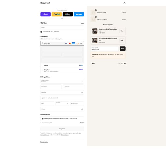Beautyrest checkout page showing Beautyrest discount code box | Screenshot taken by SimplyCodes community member on Aug 28, 2025