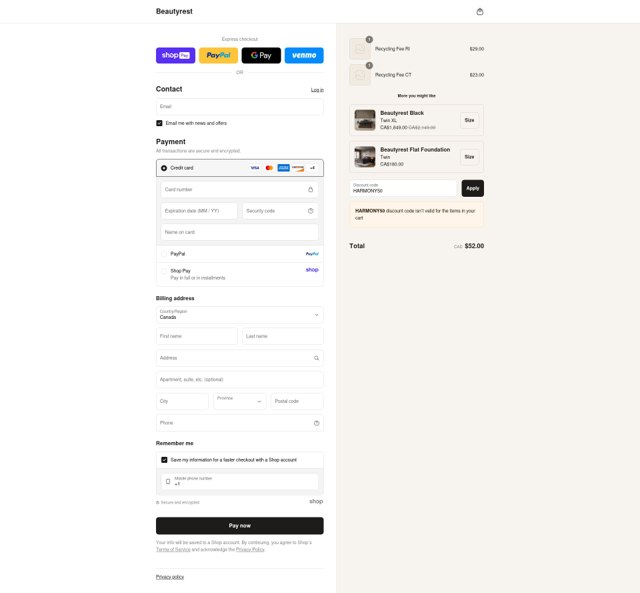 Beautyrest checkout page showing Beautyrest discount code box | Screenshot taken by SimplyCodes community member on Aug 24, 2025