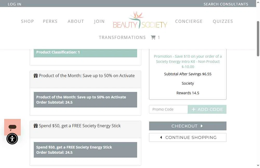 Beauty Society checkout page showing Beauty Society promo code box | Screenshot taken by SimplyCodes community member on Nov 5, 2025