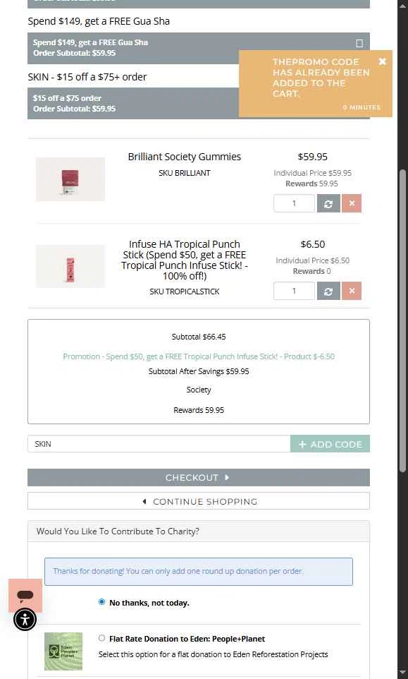 Beauty Society checkout page showing Beauty Society promo code box | Screenshot taken by SimplyCodes community member on Sep 20, 2025