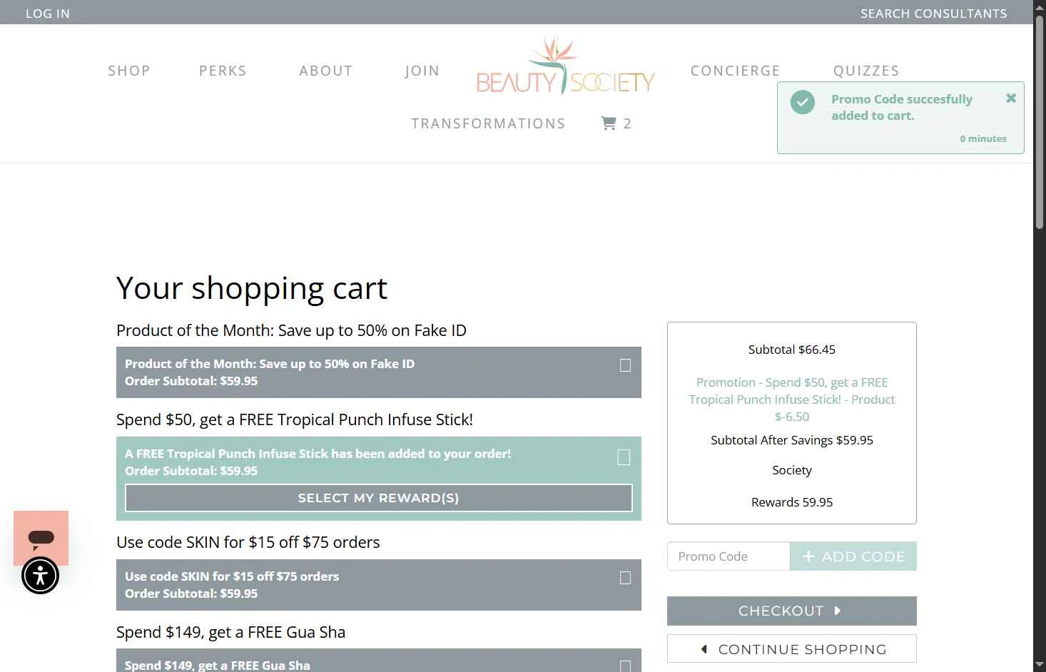 Beauty Society checkout page showing Beauty Society promo code box | Screenshot taken by SimplyCodes community member on Sep 20, 2025