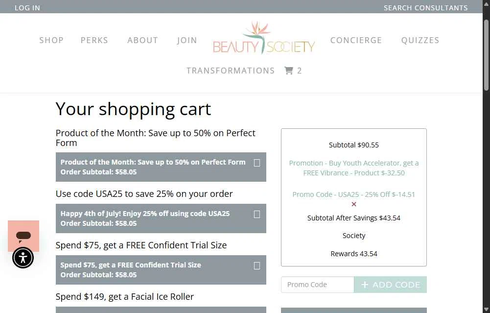 Beauty Society checkout page showing Beauty Society promo code box | Screenshot taken by SimplyCodes community member on Jul 4, 2025