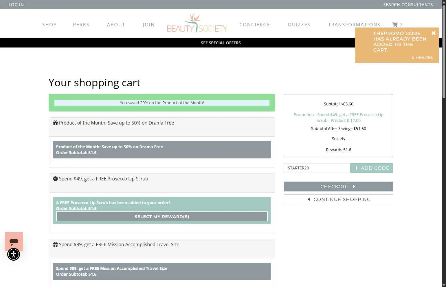Beauty Society checkout page showing Beauty Society promo code box | Screenshot taken by SimplyCodes community member on Feb 7, 2026