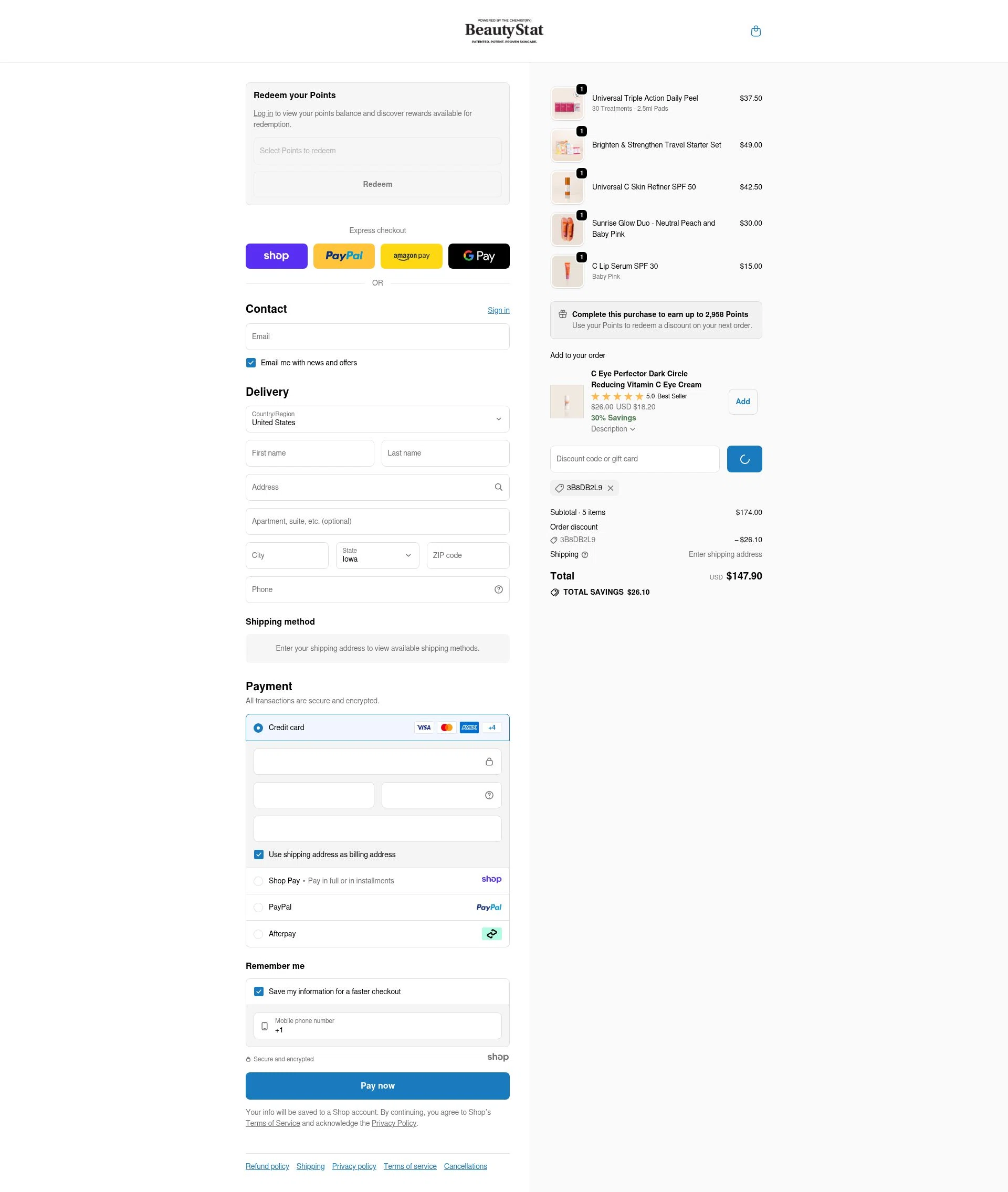 Beauty Stat checkout page showing Beauty Stat promo code box | Screenshot taken by SimplyCodes community member on Dec 28, 2025