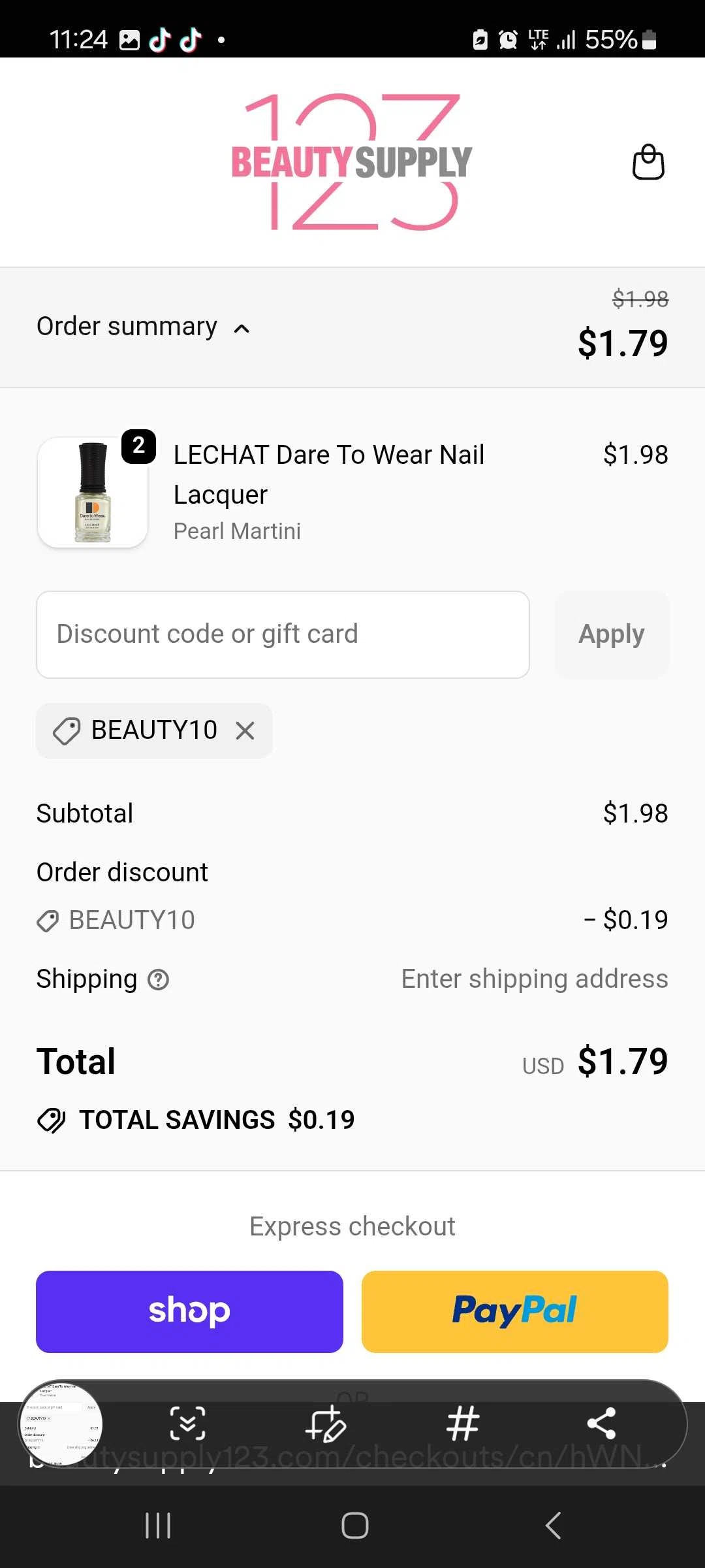 Beauty Supply 123 coupon code screenshot showing code BEAUTY10 applied at Beauty Supply 123 checkout page. Uploaded by SimplyCodes community member ilmaryguerra on Sep 18, 2025
