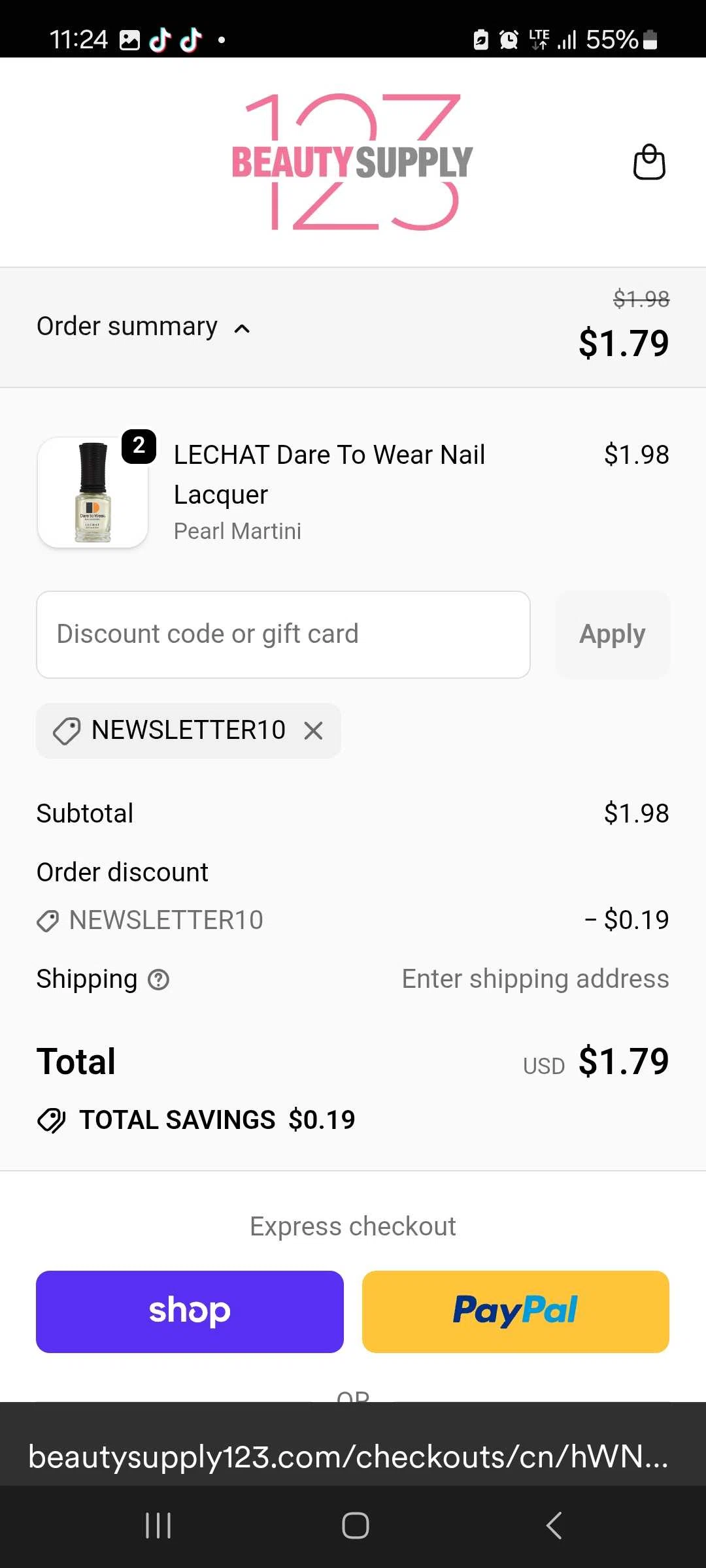 Beauty Supply 123 coupon code screenshot showing code NEWSLETTER10 applied at Beauty Supply 123 checkout page. Uploaded by SimplyCodes community member ilmaryguerra on Sep 18, 2025