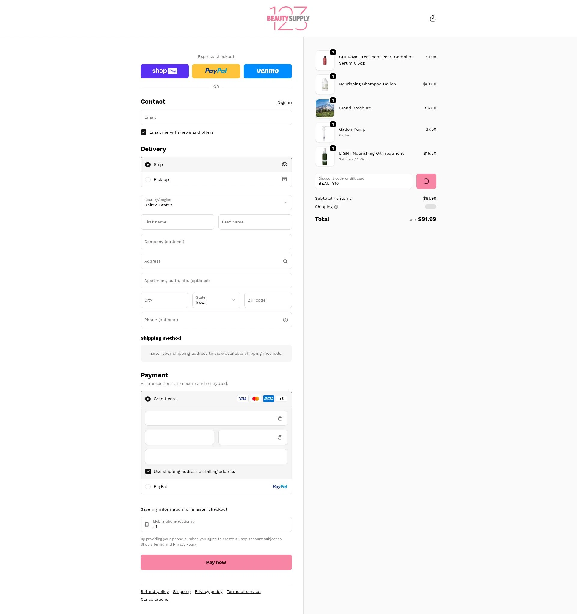 Beauty Supply 123 checkout page showing Beauty Supply 123 coupon code box | Screenshot taken by SimplyCodes community member on Jan 9, 2026