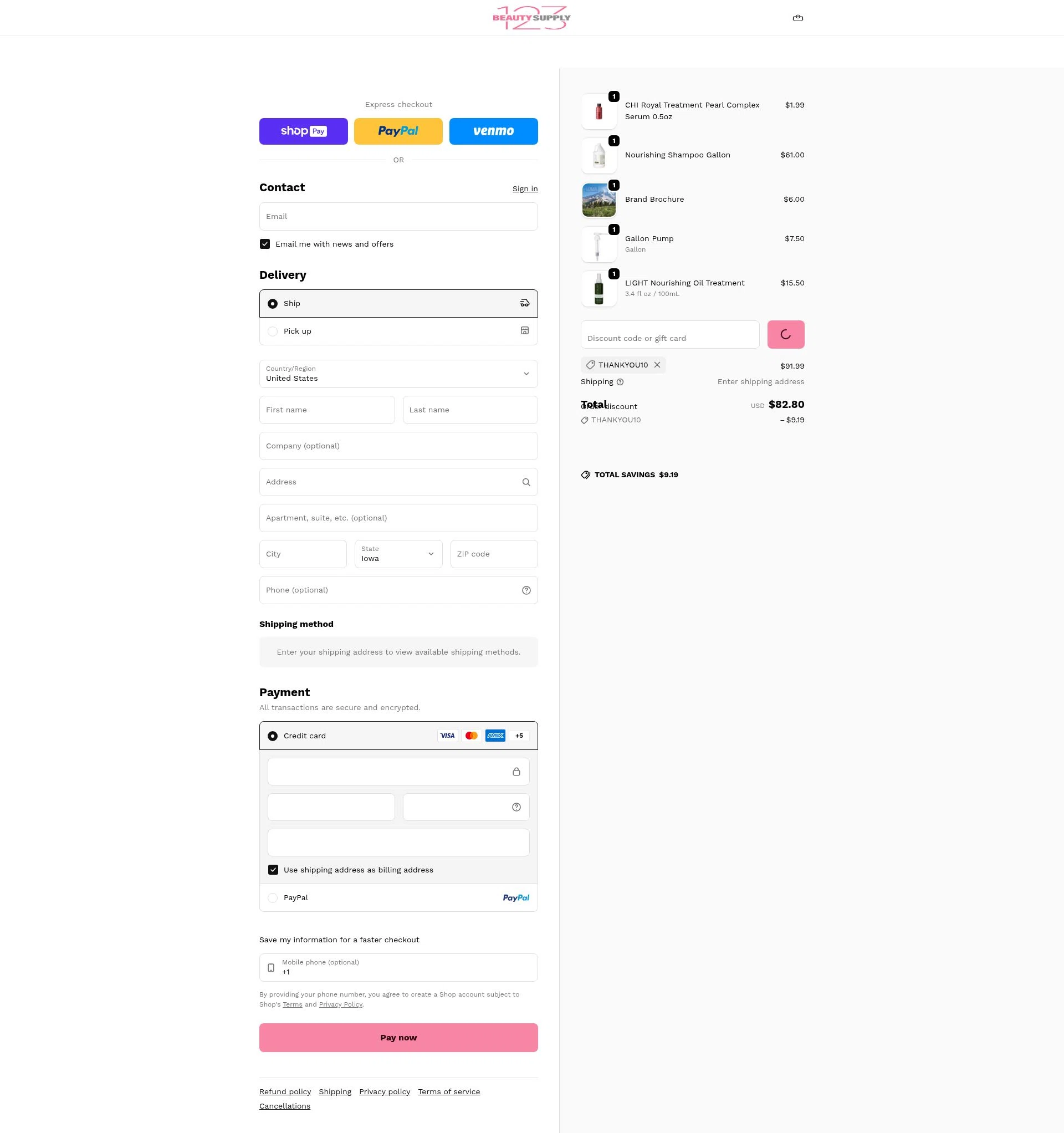 Beauty Supply 123 checkout page showing Beauty Supply 123 coupon code box | Screenshot taken by SimplyCodes community member on Jan 9, 2026